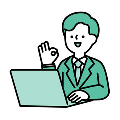 パソコンに向かってポジティブなポーズをとる笑顔のビジネスパーソン男性のイラスト素材