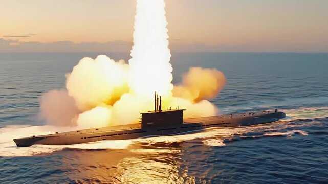 Submarine Launching Missile at Sunset Over Ocean with Explosive Fire and Smoke