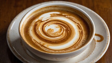 Coffee Latte Art Swirl in White Cup on Plate Refreshing Drink