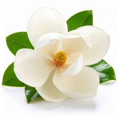 Fototapeta premium a single large blossom with creamy white petals dominates the view, surrounded by several glossy green leaves. the petals are smooth and subtly curved, appearing soft