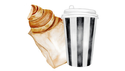 Coffee and croissant watercolor illustration. Hand drawn fresh french bun with with hot cappuccino. Food clip art. Ideal for bakery prints, postcards and pastry shop posters.