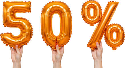 Hands holding orange "50%" balloons