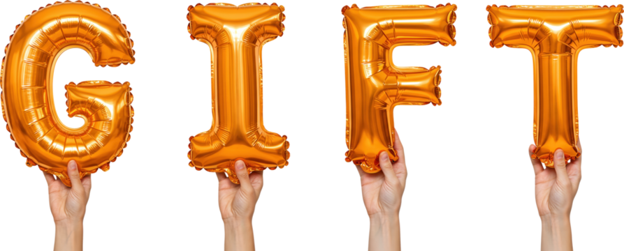 Hands holding orange "GIFT" balloons