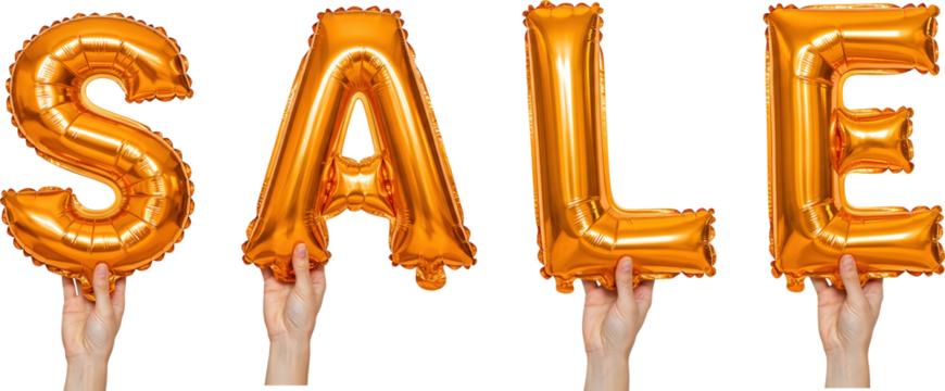 Hands holding orange "SALE" balloons