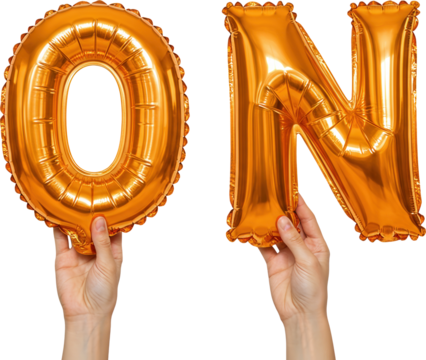 Hands holding orange "ON" balloons