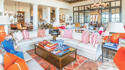 Sophisticated interior showcasing colorful accent pieces in a luxuriously decorated open floor