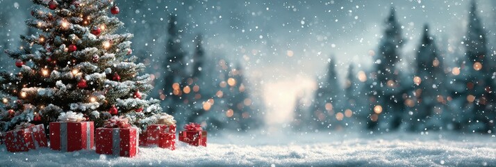 Beautiful snowy Christmas scene with decorated tree and gifts in a snowy forest
