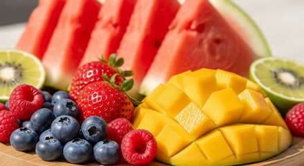 A vibrant arrangement of fresh, colorful fruits, ready to eat.