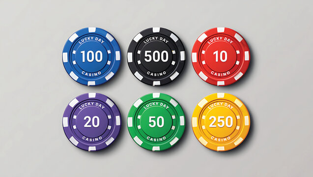 Six Colorful Casino Chips Displayed on Gray Background Lucky Day Casino Chips 10 20 50 100 250