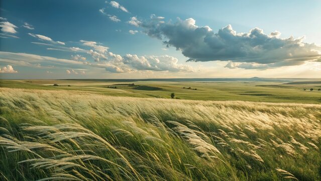 Scenic prairie landscape with blowing tall grass under a blue sky with fluffy white and gray clouds and distant rolling hills