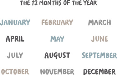 手書き英語月名セット（12ヶ月）もっちりタイプ｜渋めカラー