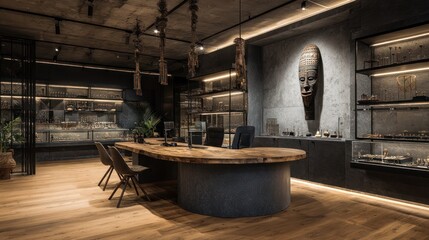 Modern, dark interior of a shop with exposed concrete and wood