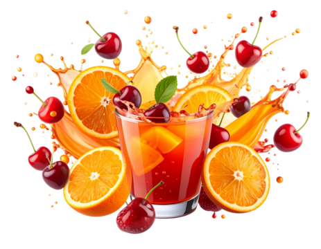 Fruit Pop Art Style Punch Splash with Cherry and Orange – Transparent Cut Out - Powered by Adobe
