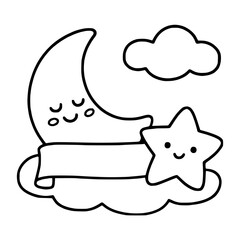 Cute moon with sleeping star and cloud cartoon outline vector, banner,labels, editable, kawaii vector 
