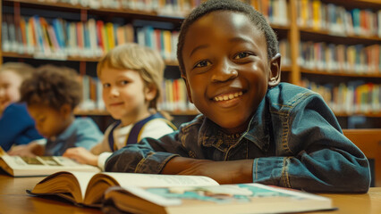 Happy children reading books in the library