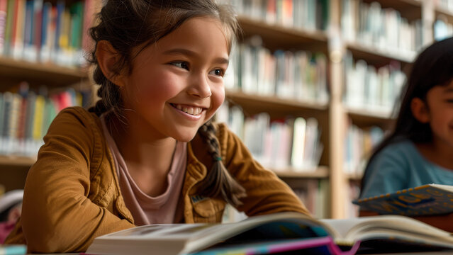Happy children reading books in the library