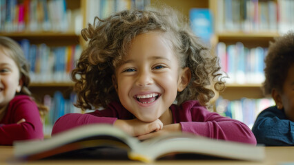 Happy children reading books in the library