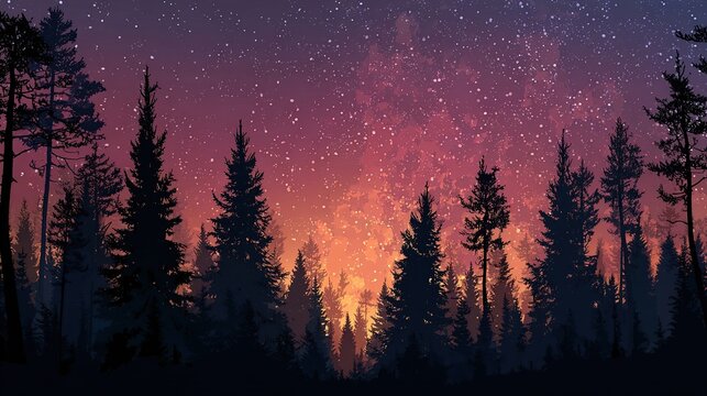 Forest silhouettes under starry pink & orange sky at dusk - Powered by Adobe