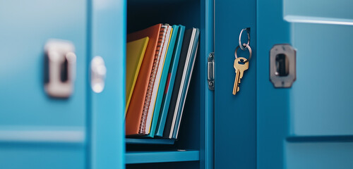 school locker door slightly open, showing neatly arranged notebooks, a binder, and a keychain hanging from the lock.