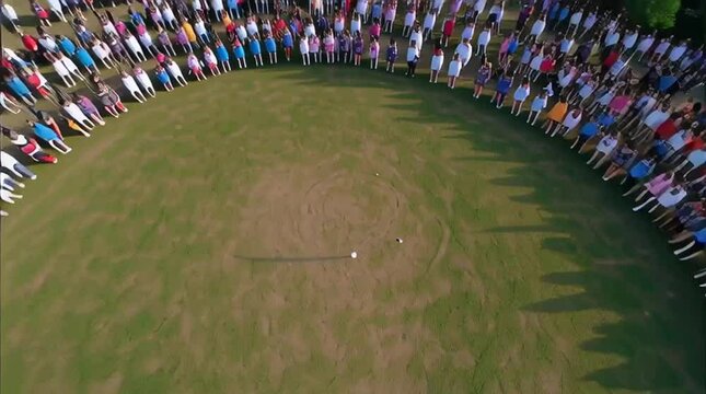 AI generation. Modern Native American youth. A tribute to the traditions of Native Americans.  Native Americans in national costumes dance in a circle. A drone view of the dances of the indigenous tri