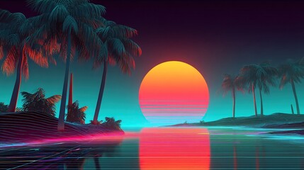 Synthwave Palm trees on a beach with a bright sun reflecting on the water