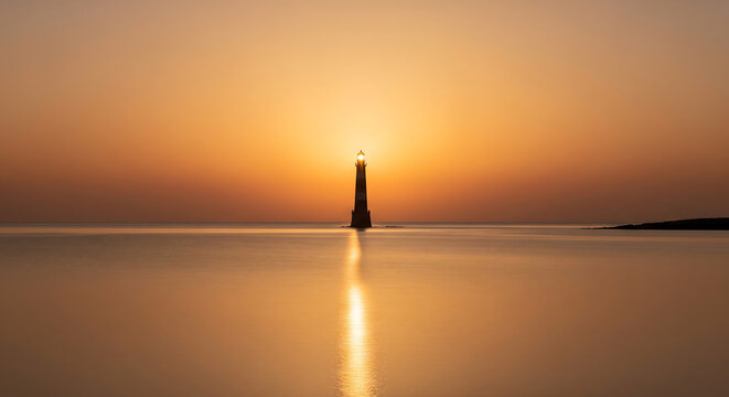 A lone lighthouse stands silhouetted against a vibrant orange sunset over the sea