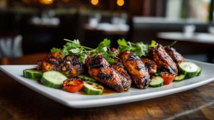 Grilled chicken wings with vegetables on a white platter, restaurant setting