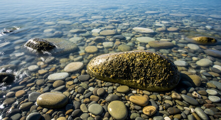 Clear shallow water revealing colorful smooth pebbles on a beach