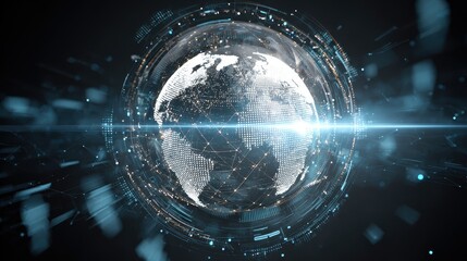 Obraz premium A globe made entirely of holographic light, surrounded by abstract data symbols, representing world trade connections, modern, clean, tech. 