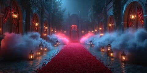 Elegant entrance adorned with rose petals and lanterns in a mystical setting during the evening