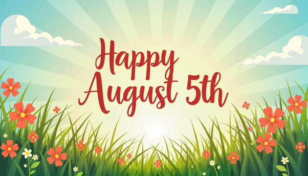Bright sunny field with flowers and "Happy August 5th" text, cheerful summer ambiance