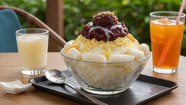 Korean Bingsu Dessert with Red Bean and Rice Cakes, Classic Korean shaved ice with red bean and condensed milk - Powered by Adobe