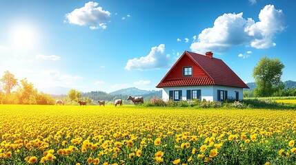 Countryside home nestled amidst a vibrant field of flowers under a bright, sunny sky