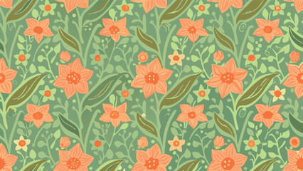 Seamless floral pattern with orange flowers and green leaves on a light green background in a vintage style