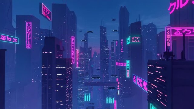 Futuristic city animation with flying hover cars weaving between glowing skyscrapers and neon signs, seamless sci-fi loop with cyberpunk ambiance, no people  