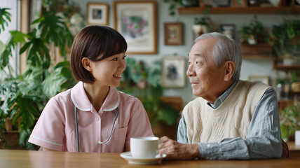 介護施設の看護師が高齢男性と穏やかに語らう様子