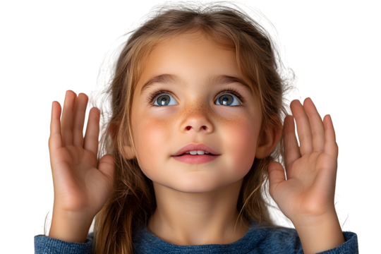 Cute young girl making special exercises at speech therapy office, isolated on white background