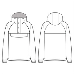 Hooded Raincoat Technical Fashion Illustration Flat Sketch Template, Apparel Clothing Design Blank Mockup with Snap Buttons and Pockets for Wet Weather.