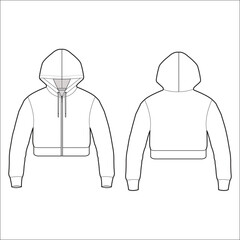 Women's Crop Hooded Knit Sweatshirt- Technical fashion illustration. Front and back, white colour. Women's CAD mock-up.