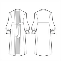 Women Abaya, Long Shirred Puff Sleeves Maxi Dress Front and Back View. Fashion Illustration, Vector, CAD, Technical Drawing, Flat Drawing, Template, Mockup.