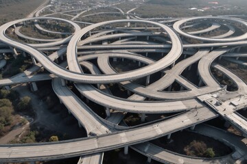 An aerial view of a six-lane highway intersection.