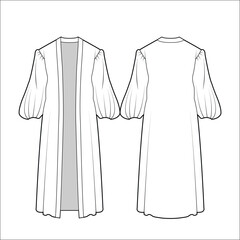 Women Abaya, Long Shirred Puff Sleeves Maxi Dress Front and Back View. Fashion Illustration, Vector, CAD, Technical Drawing, Flat Drawing, Template, Mockup.