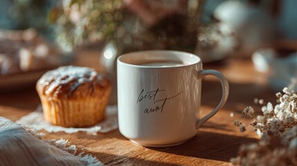 Fototapeta premium Cozy morning scene with coffee mug and muffin in soft sunlight