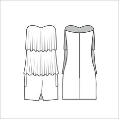 Women off shoulder party dress design flat sketch fashion illustration drawing with front and back view. Ladies bodycon evening wear, tight dress drawing vector template.