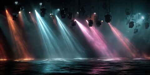 Colorful stage lights illuminate the dark space during a vibrant performance in a concert hall at night