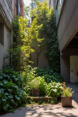 An outdoor view of a row of plants in front of a building.