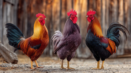 Fototapeta premium 雄鶏が農舎前で並ぶ誇らしげな写真