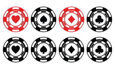 Poker chips black icons vector set. Isolated Casino poker chip logo. Poker symbols with spades, hearts, diamonds, clubs. Playing poker Vector template illustration