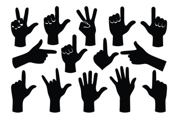Hand gesture vector icon set illustration with diverse human hands, fingers, and arm silhouettes