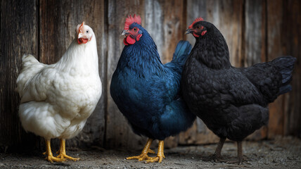 Fototapeta premium 鶏が農舎前で並ぶ品種比較写真